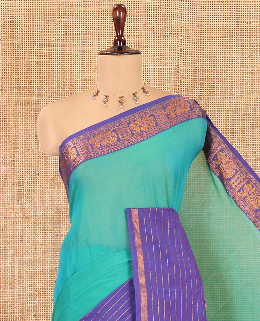 Sea Green Plain Mercerised Cotton Saree, Contrast Traditional Zari Peacock Border, Striped Pallu, and a Matching Blouse