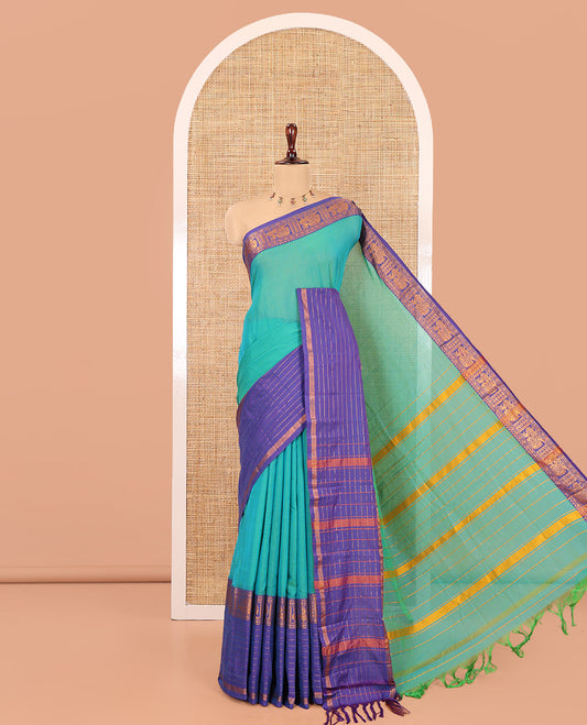 Sea Green Plain Mercerised Cotton Saree, Contrast Traditional Zari Peacock Border, Striped Pallu, and a Matching Blouse