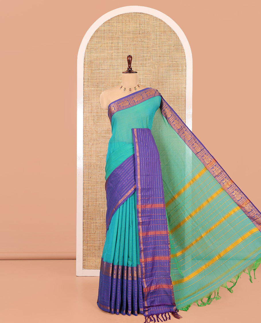 Sea Green Plain Mercerised Cotton Saree, Contrast Traditional Zari Peacock Border, Striped Pallu, and a Matching Blouse