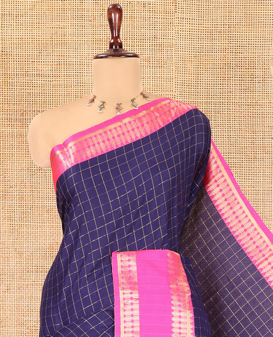 Navy Blue Checked Art Soft Silk Saree, Complemented by Contrast Traditional Retai Pettu Border, Striped Pallu, and a Contrast Blouse