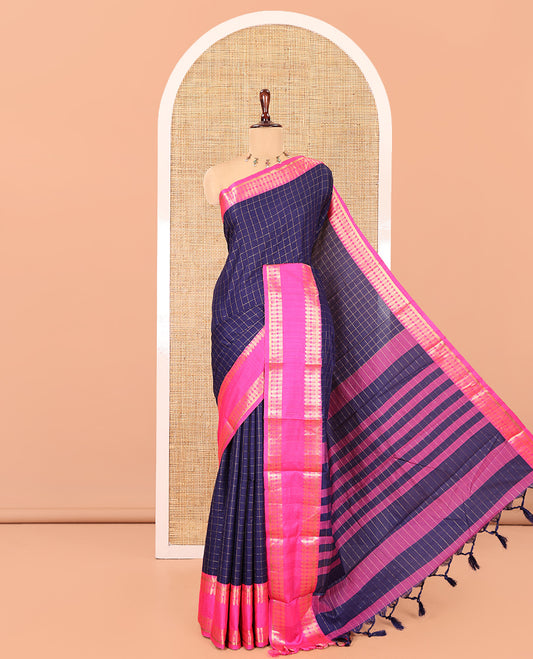 Navy Blue Checked Art Soft Silk Saree, Complemented by Contrast Traditional Retai Pettu Border, Striped Pallu, and a Contrast Blouse