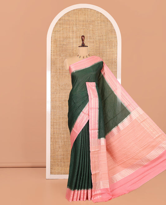 Green Zari Checked Art Crepe Saree, Contrast Horizontal Striped Border, Zari Striped Pallu, and a Contrast Blouse
