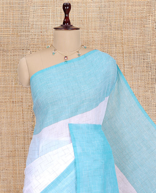 White-Blue Khadi Mul Cotton Saree, Subtly Sparkled with Geometric Print, Complemented by a Contrast Border, and No Blouse