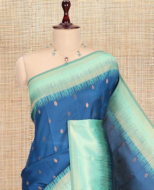 Blue Art Kanchi Silk Saree, Adorned with Buttas, a Contrast Traditional Zari Border, Intricate Pallu, and a Contrast Blouse