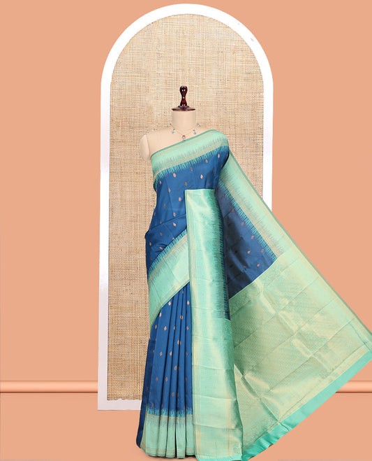 Blue Art Kanchi Silk Saree, Adorned with Buttas, a Contrast Traditional Zari Border, Intricate Pallu, and a Contrast Blouse