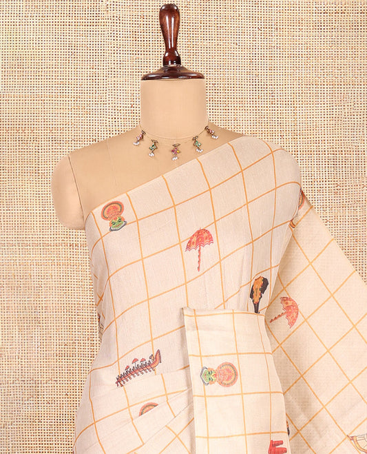 Borderless Gold Tissue Saree, Adorned with a Kerala-Themed Motif of Enclosed Checks and a Matching Blouse