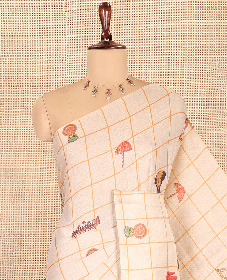 Borderless Gold Tissue Saree, Adorned with a Kerala-Themed Motif of Enclosed Checks and a Matching Blouse