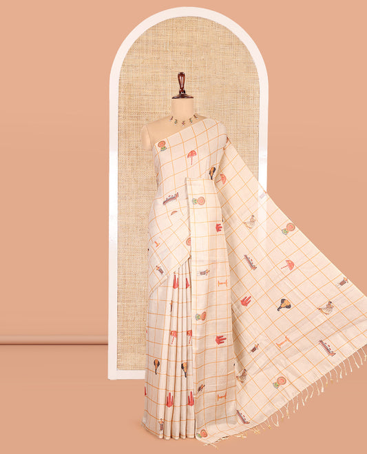 Borderless Gold Tissue Saree, Adorned with a Kerala-Themed Motif of Enclosed Checks and a Matching Blouse