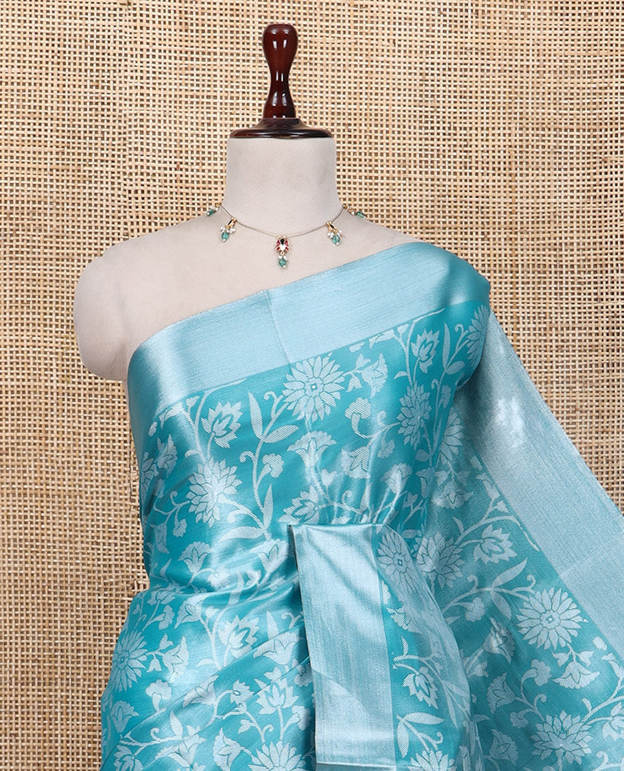 Blue Tissue Cotton Saree Features Floral Vine Design, a Zari Border, Contrast Intricate Pallu, and a Contrast Blouse