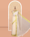 Cream Plain Khadi Mul Cotton Saree, a Gleaming Gold Zari Border, a Self-Pallu, and No Blouse