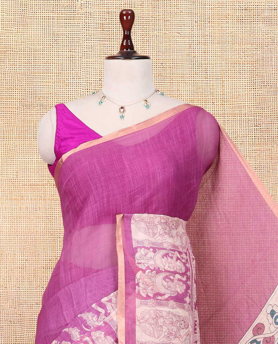 Onion Pink Linen Cotton Saree Features Kalamkari-Style Human Motifs Print, a Piping Border, Contrast Printed Pallu, and Contrast Blouse
