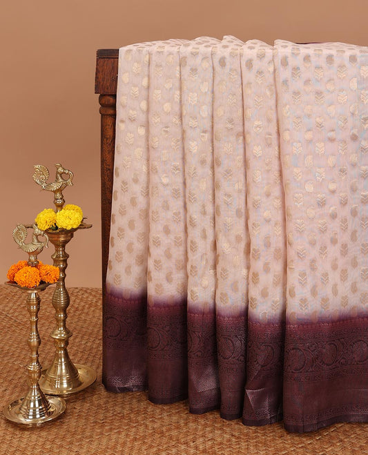 Chikku color with wine color copper zari butta semi banaras weaving saree with contrast zari border & rich pallu along with plain blouse