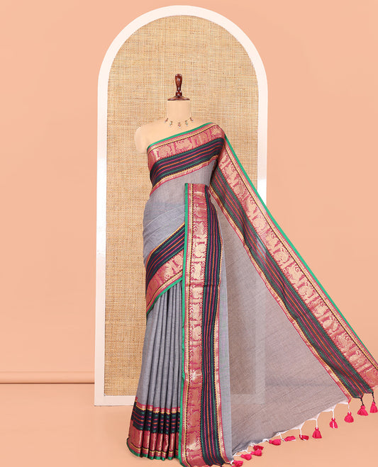 Grey Plain Khadi Mul Cotton Saree, Complemented by Contrast Yaali-Peacock Traditional Border, Self-Pallu, and No Blouse