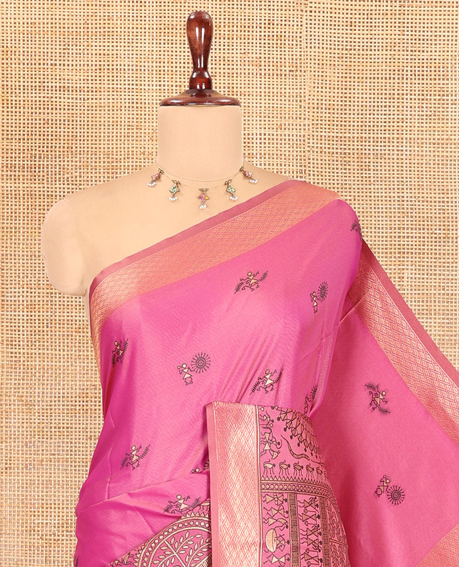 Pink Satin Silk Saree, Adorned with Warli Motif Print, Highlighted by Warli Printed Zari Border, Warli-Village Palllu, and a Matching Blouse