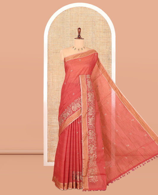 Rust Chanderi Cotton Saree Features Floral-Elephant Embroidery, a Contrast Border, and a Matching Blouse