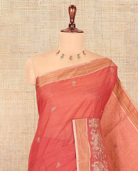 Rust Chanderi Cotton Saree Features Floral-Elephant Embroidery, a Contrast Border, and a Matching Blouse