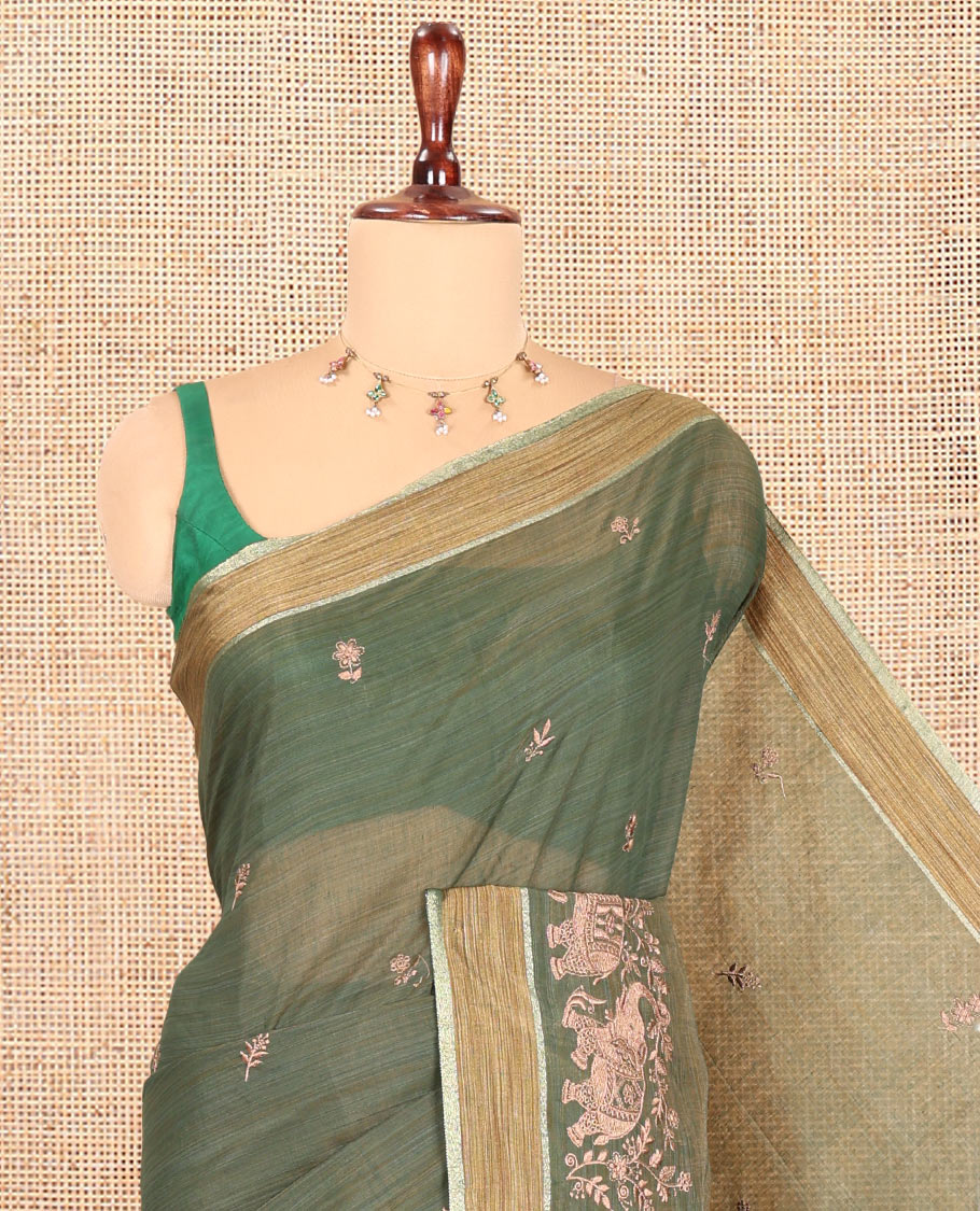 Green Chanderi Cotton Saree Features Floral-Elephant Embroidery, a Contrast Border, and a Matching Blouse