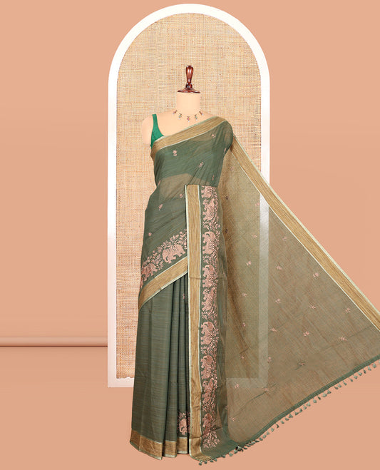 Green Chanderi Cotton Saree Features Floral-Elephant Embroidery, a Contrast Border, and a Matching Blouse
