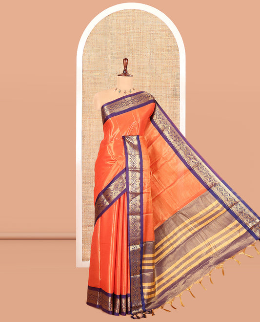 Rust Orange Plain Tissue Cotton Saree, Contrast Traditional Border, Striped Pallu, and Contrast Blouse