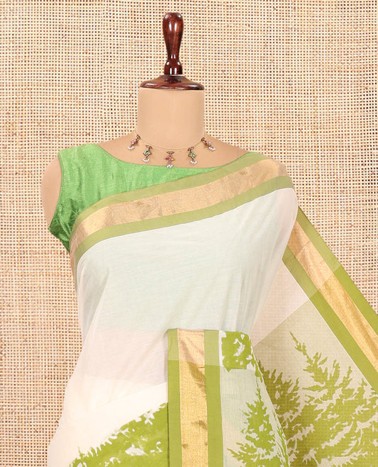 Cream-Olive Green Kerala Cotton Saree Features Tree Print, Contrast Border, and a Contrast Blouse