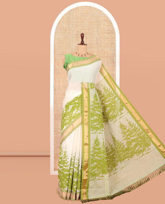 Cream-Olive Green Kerala Cotton Saree Features Tree Print, Contrast Border, and a Contrast Blouse