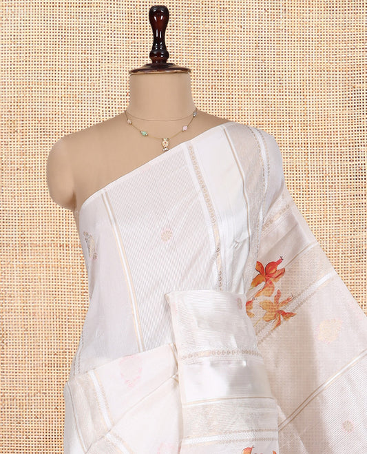 Borderless Cream Semi-Tussar Saree Features Zari Stripes and Floral Print, a Self-Pallu, Matching Blouse