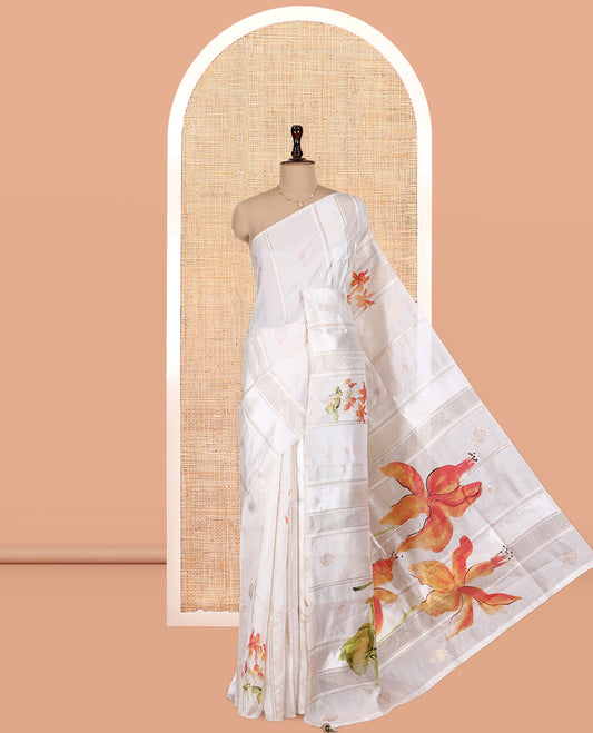 Borderless Cream Semi-Tussar Saree Features Zari Stripes and Floral Print, a Self-Pallu, Matching Blouse