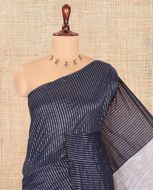 Borderless Navy Blue Zari Striped Khadi Cotton Saree, Contrast Pallu, and No Blouse