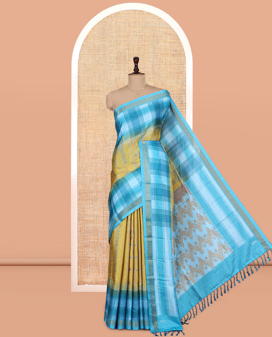 Yellow Floral Design Manipuri Silk Saree, Contrast Checked Border, Mughal-Style Pallu, Contrast Blouse