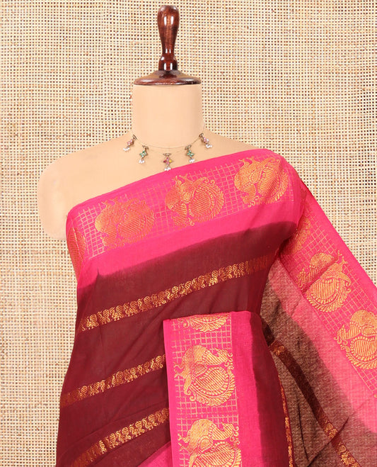 Maroon Peacock Buttas Sungudi Cotton Saree, Contrast Checked Peacock Border, Contrast Blouse