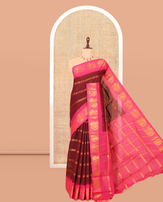 Maroon Peacock Buttas Sungudi Cotton Saree, Contrast Checked Peacock Border, Contrast Blouse