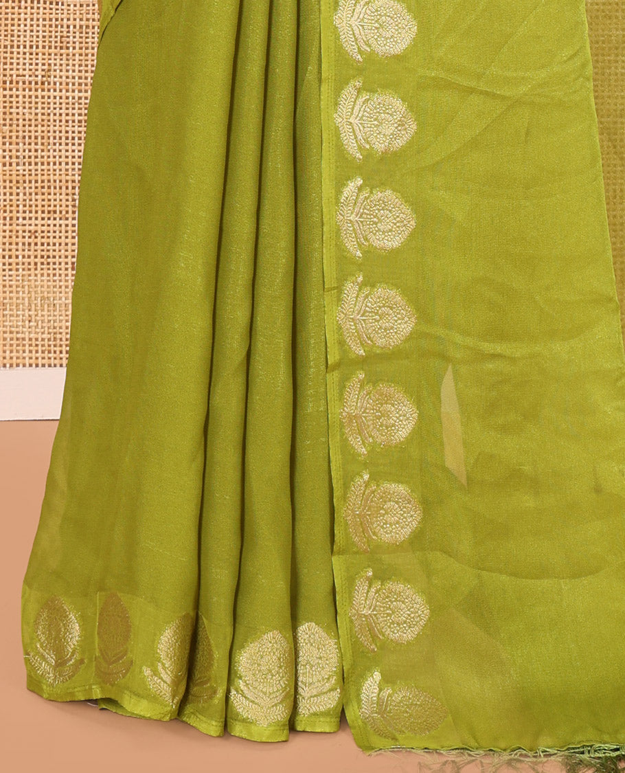Green Plain Moss Chiffon Saree, Highlighted by Gold Zari Floral Border, and a Self-Pallu