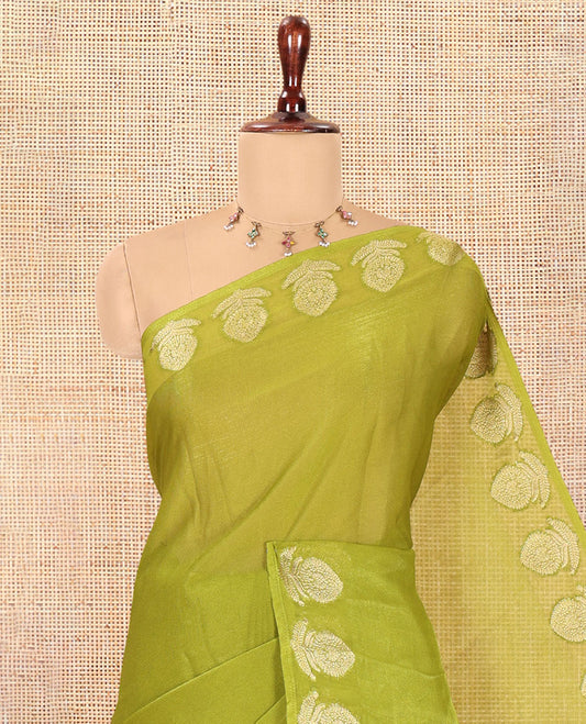 Green Plain Moss Chiffon Saree, Highlighted by Gold Zari Floral Border, and a Self-Pallu