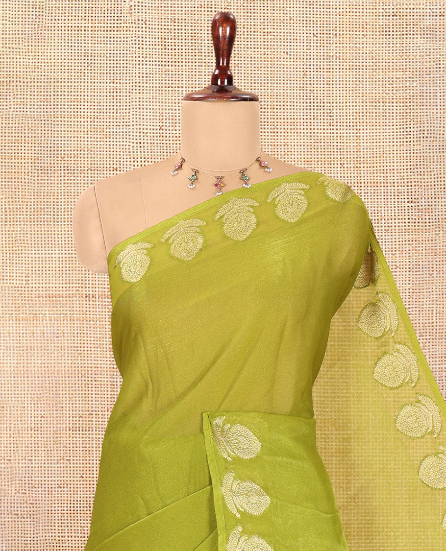 Green Plain Moss Chiffon Saree, Highlighted by Gold Zari Floral Border, and a Self-Pallu