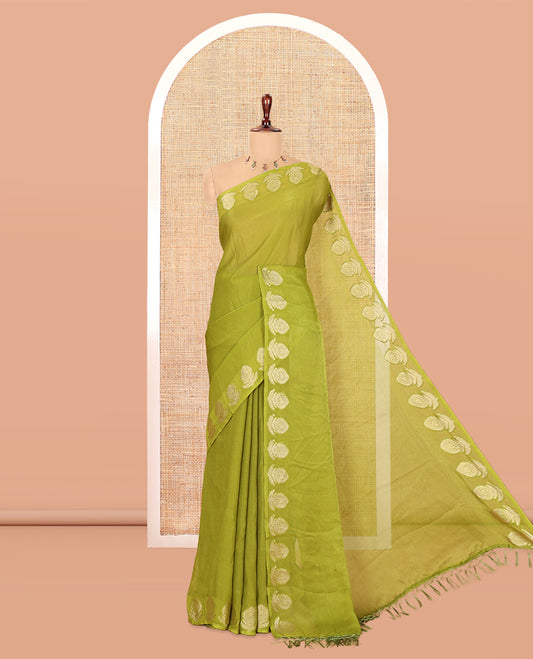 Green Plain Moss Chiffon Saree, Highlighted by Gold Zari Floral Border, and a Self-Pallu