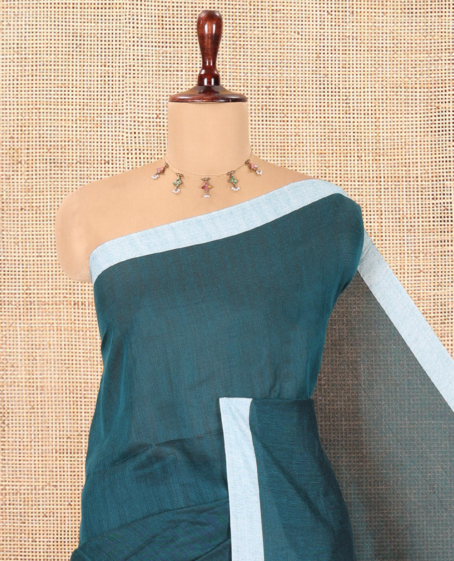 Peacock Green Plain Khadi Cotton Saree, a Contrast Border, a Self-Pallu, and No Blouse