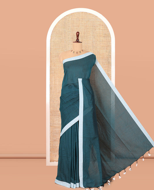Peacock Green Plain Khadi Cotton Saree, a Contrast Border, a Self-Pallu, and No Blouse
