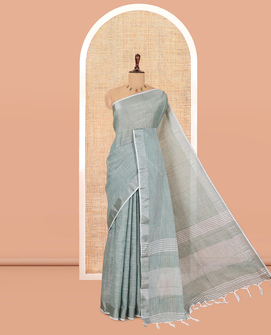 Green Plain Linen-Cotton Saree, a Zari Border, Striped Pallu, and a Matching Blouse
