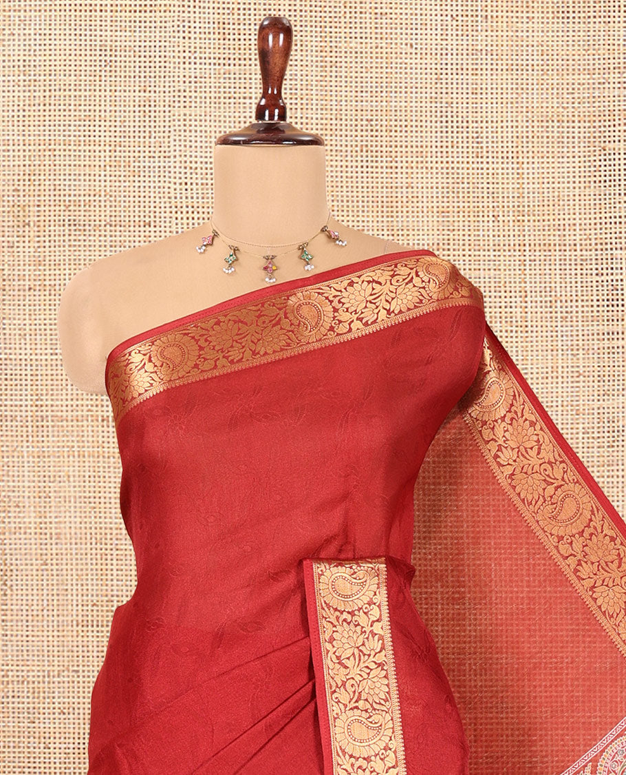 Maroon Embossed Moss Chiffon Saree, a Zari Floral-Paisley Vine Border, Contrast Mughal-Style Pallu, and a Matching Blouse