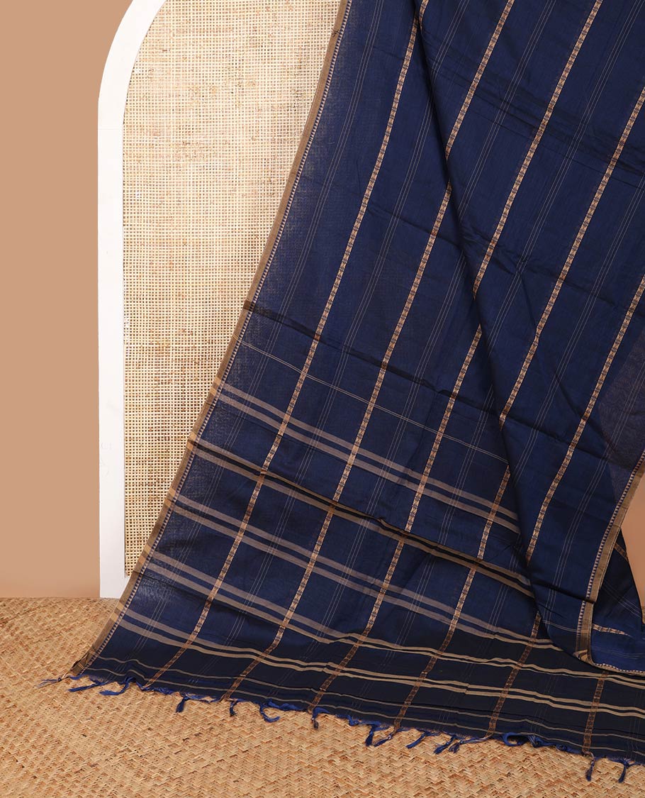 Navy blue arambu design, striped thread narayanapet cotton saree with temple border & cheer pallu along with running blouse