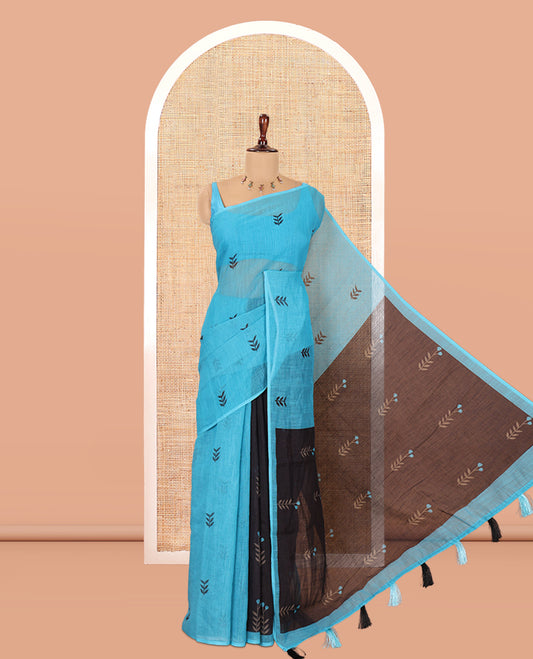 Borderless Blue Linen Cotton Saree with Leaf Print, a Contrast Leaf-Printed Pallu, and Contrast Blouse
