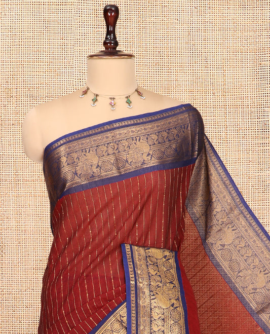 Maroon-Royal Blue Chettinad Cotton Saree, Adorned with Zari Stripes, a Contrast Peacock Traditional Border, Grand Pallu, a Matching Blouse