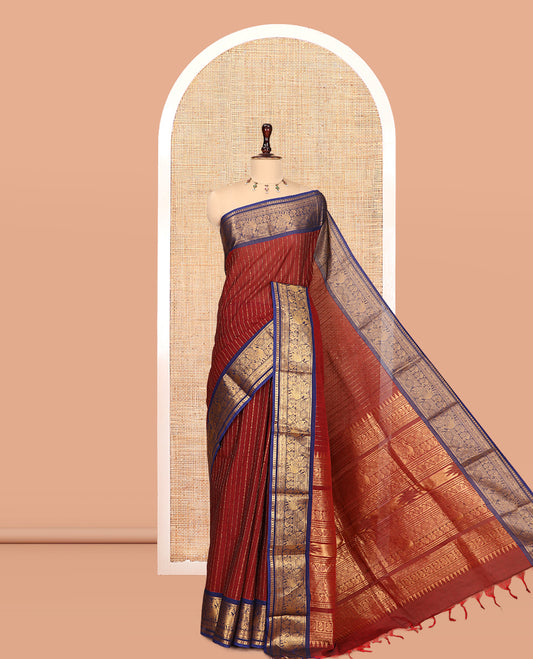 Maroon-Royal Blue Chettinad Cotton Saree, Adorned with Zari Stripes, a Contrast Peacock Traditional Border, Grand Pallu, a Matching Blouse