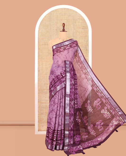 Lavender Jute Linen Cotton Saree, Finely Crafted with Batik Print, Contrast Batik-Printed Zari Border, Batik-Printed Pallu, a Contrast Blouse