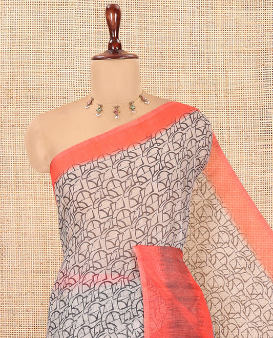 Chikku-Orange Linen Cotton Saree, Decorated with Intricate Print, a Contrast Ikat Border, Printed Pallu, and Contrast Blouse