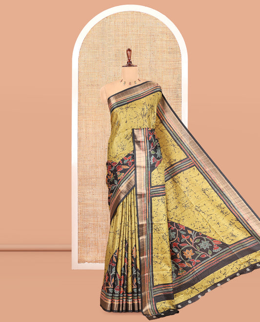 Green Katan Silk Saree, Detailed with Batik Print, a Contrast Kantha Work Border, Pallu of Floral Print and Kantha Work, and a Contrast Blouse