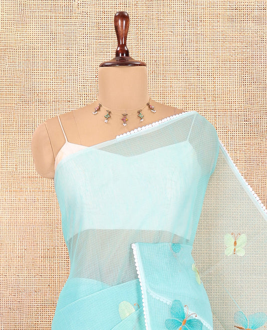 Teal Green Kota Doria Saree, Delicately Woven with Butterfly Buttas, a Lace Border, a Matching Blouse