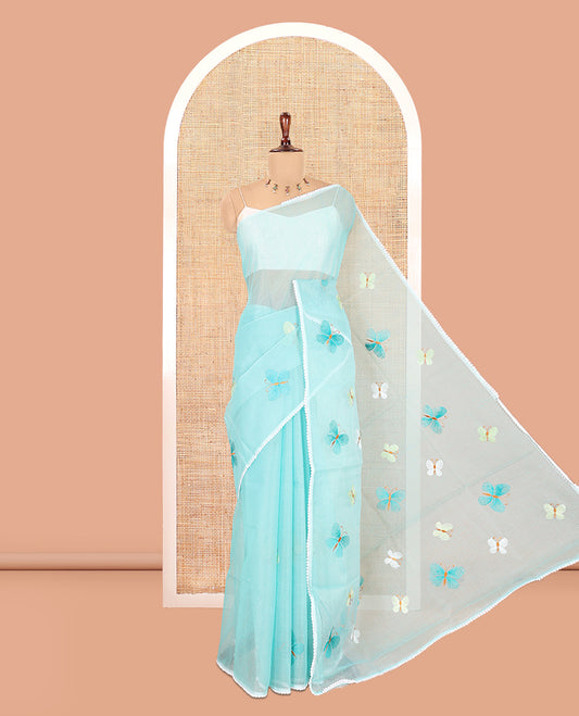 Teal Green Kota Doria Saree, Delicately Woven with Butterfly Buttas, a Lace Border, a Matching Blouse