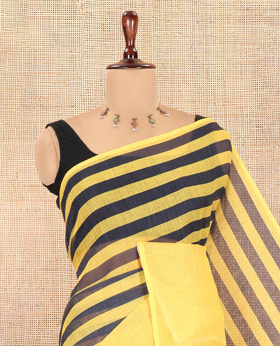 Borderless Yellow Linen Cotton Saree, Embellished with Stripes, a Self-Pallu of Stripes, and a Contrast Blouse