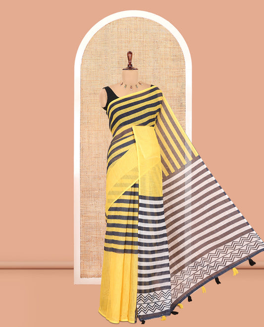 Borderless Yellow Linen Cotton Saree, Embellished with Stripes, a Self-Pallu of Stripes, and a Contrast Blouse